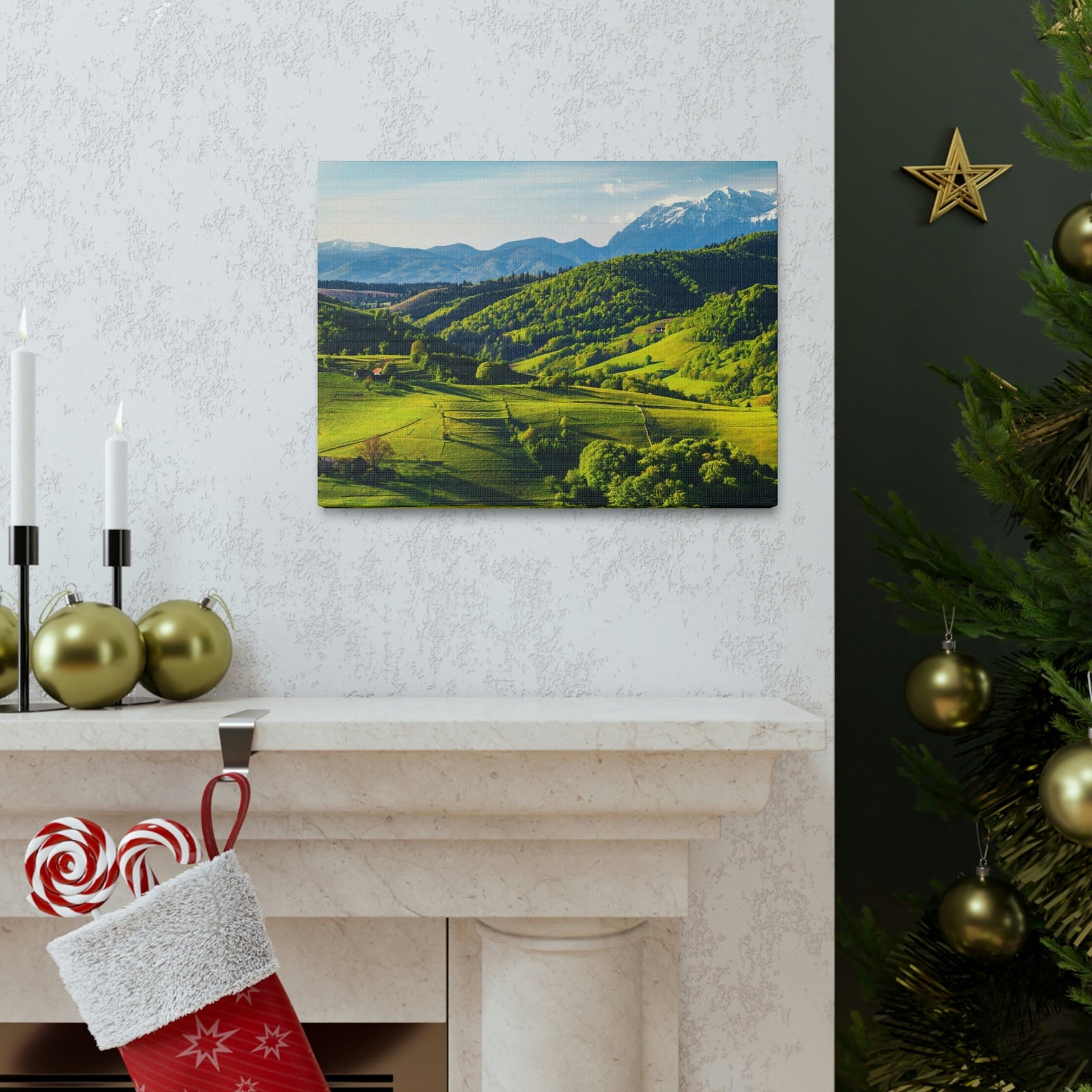 Stunning Spring at the Countryside Scene Beautiful Marvelous and Fabulous Hill Beauty Nature Scene Green Fields and Snowy Mountain Wall Art Ready to Hang Unframed-Express Your Love Gifts