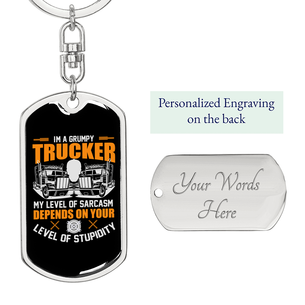 Stupidity Level Grumpy Trucker Swivel Keychain Dog Tag Stainless Steel or 18k Gold-Express Your Love Gifts