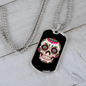 Sugar Skull Flowers Necklace Stainless Steel or 18k Gold Dog Tag 24" Chain-Express Your Love Gifts