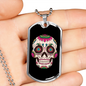 Sugar Skull Flowers Necklace Stainless Steel or 18k Gold Dog Tag 24" Chain-Express Your Love Gifts