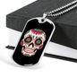 Sugar Skull Flowers Necklace Stainless Steel or 18k Gold Dog Tag 24" Chain-Express Your Love Gifts