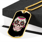 Sugar Skull Flowers Necklace Stainless Steel or 18k Gold Dog Tag 24" Chain-Express Your Love Gifts
