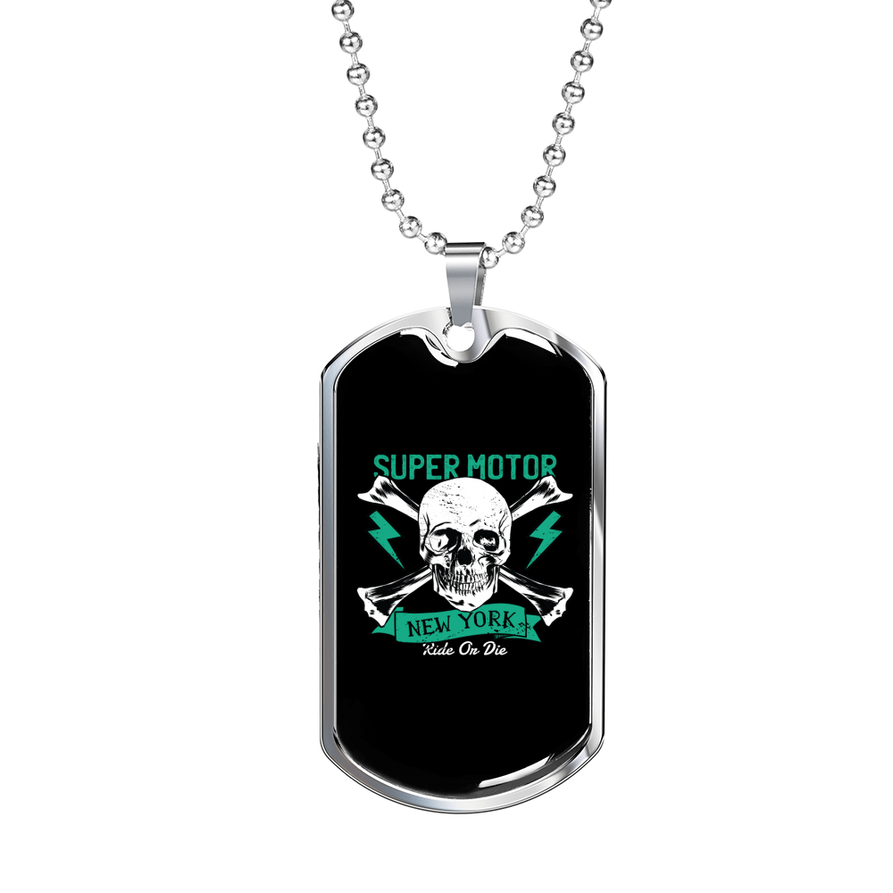 Super Motor New York Biker Necklace Stainless Steel or 18k Gold Dog Tag 24"-Express Your Love Gifts