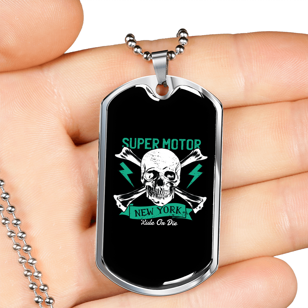 Super Motor New York Biker Necklace Stainless Steel or 18k Gold Dog Tag 24"-Express Your Love Gifts