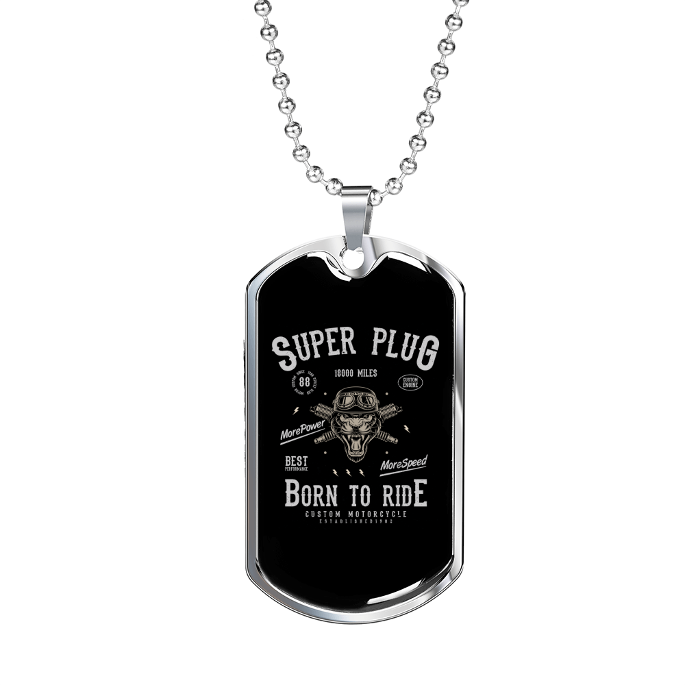 Super Plug Biker Necklace Stainless Steel or 18k Gold Dog Tag 24"-Express Your Love Gifts