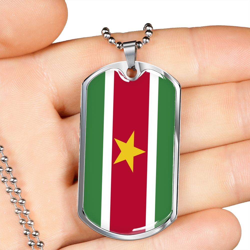 Suriname Flag Necklace Stainless Steel or 18k Gold Dog Tag 24" Chain-Express Your Love Gifts