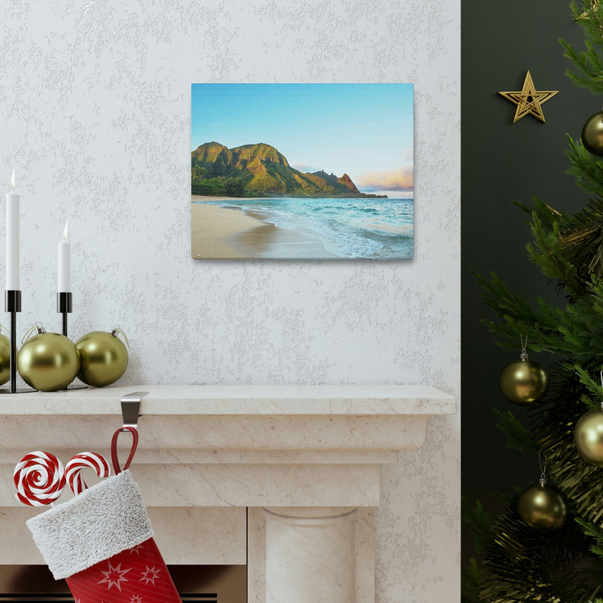 Surprising Big Mountain at the Beach Scene Beautiful Awesome and Relaxing Sea Beauty Nature Scene Green Mountains and Shore Wall Art Ready to Hang Unframed-Express Your Love Gifts