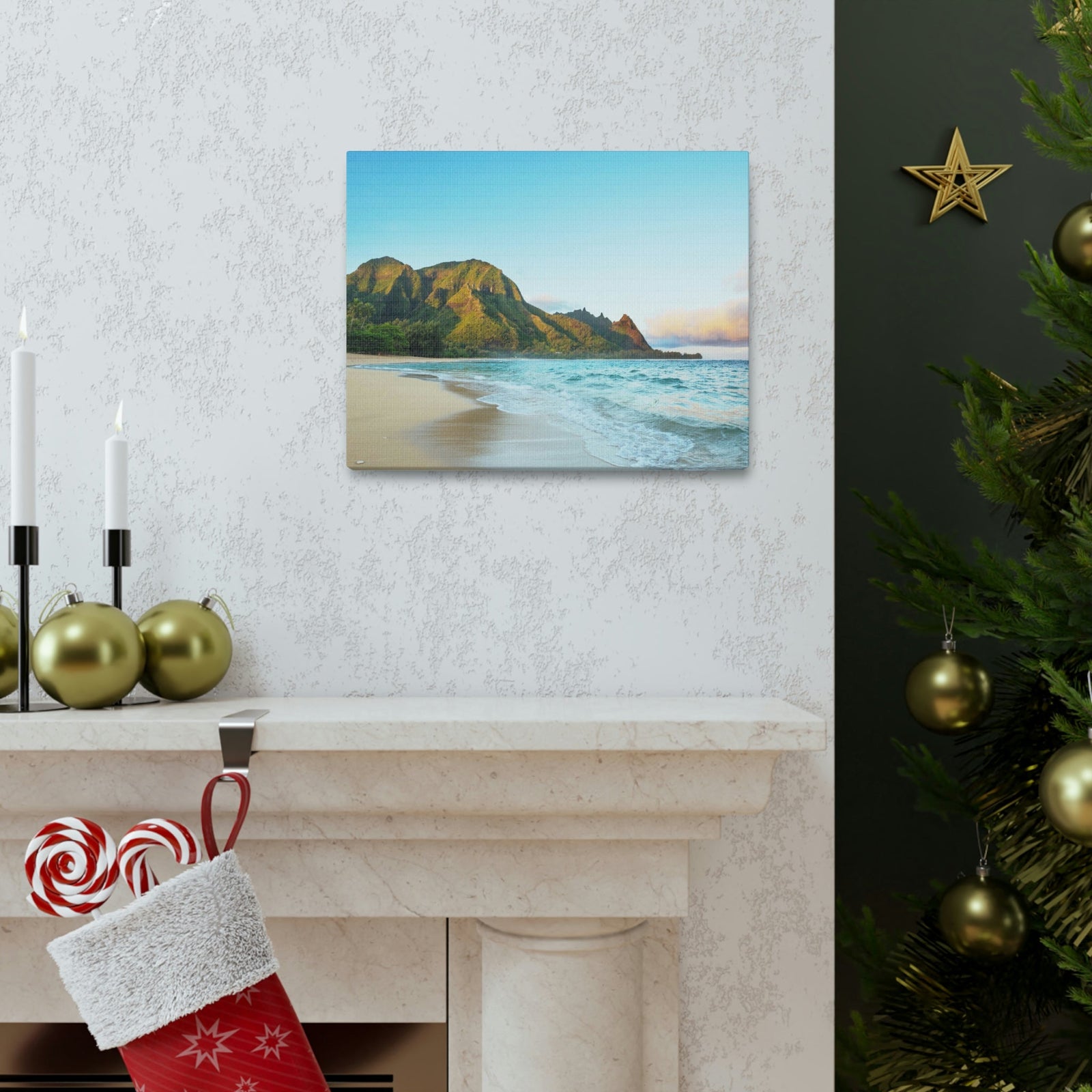Surprising Big Mountain at the Beach Scene Beautiful Awesome and Relaxing Sea Beauty Nature Scene Green Mountains and Shore Wall Art Ready to Hang Unframed-Express Your Love Gifts