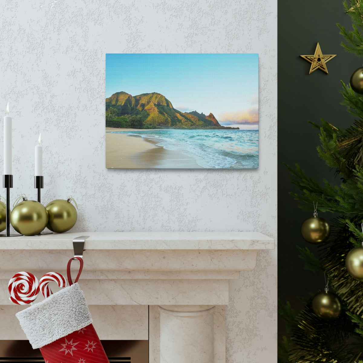 Surprising Big Mountain at the Beach Scene Beautiful Awesome and Relaxing Sea Beauty Nature Scene Green Mountains and Shore Wall Art Ready to Hang Unframed-Express Your Love Gifts