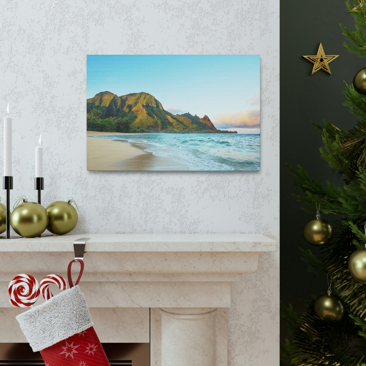 Surprising Big Mountain at the Beach Scene Beautiful Awesome and Relaxing Sea Beauty Nature Scene Green Mountains and Shore Wall Art Ready to Hang Unframed-Express Your Love Gifts