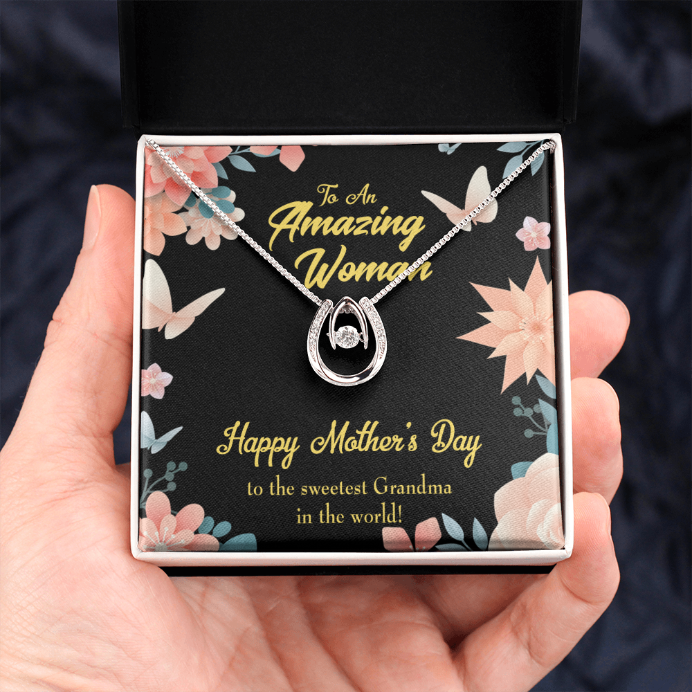 Sweetest Grandma Lucky Horseshoe Necklace Message Card 14k w CZ Crystals-Express Your Love Gifts