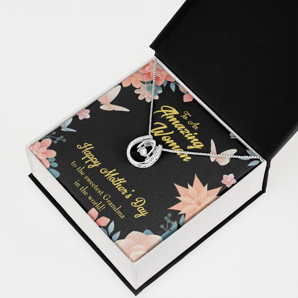 Sweetest Grandma Lucky Horseshoe Necklace Message Card 14k w CZ Crystals-Express Your Love Gifts