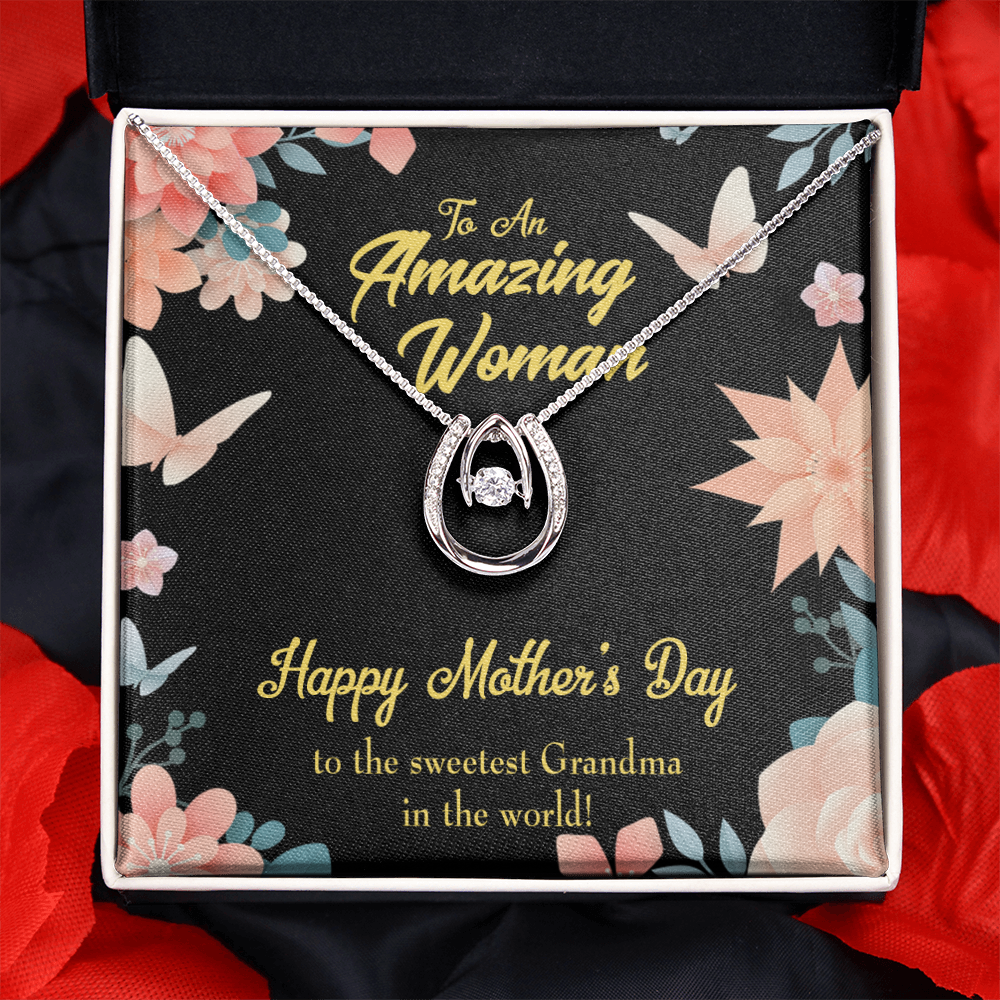 Sweetest Grandma Lucky Horseshoe Necklace Message Card 14k w CZ Crystals-Express Your Love Gifts