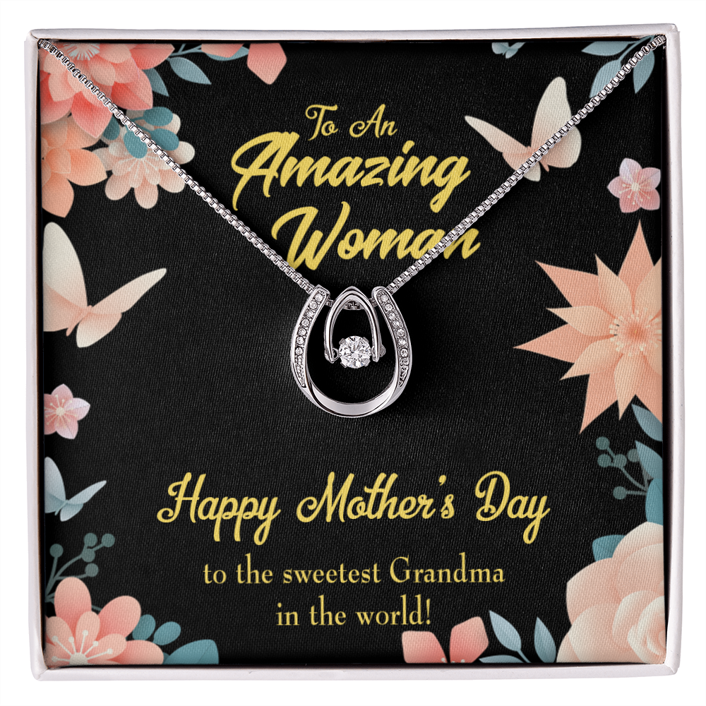 Sweetest Grandma Lucky Horseshoe Necklace Message Card 14k w CZ Crystals-Express Your Love Gifts