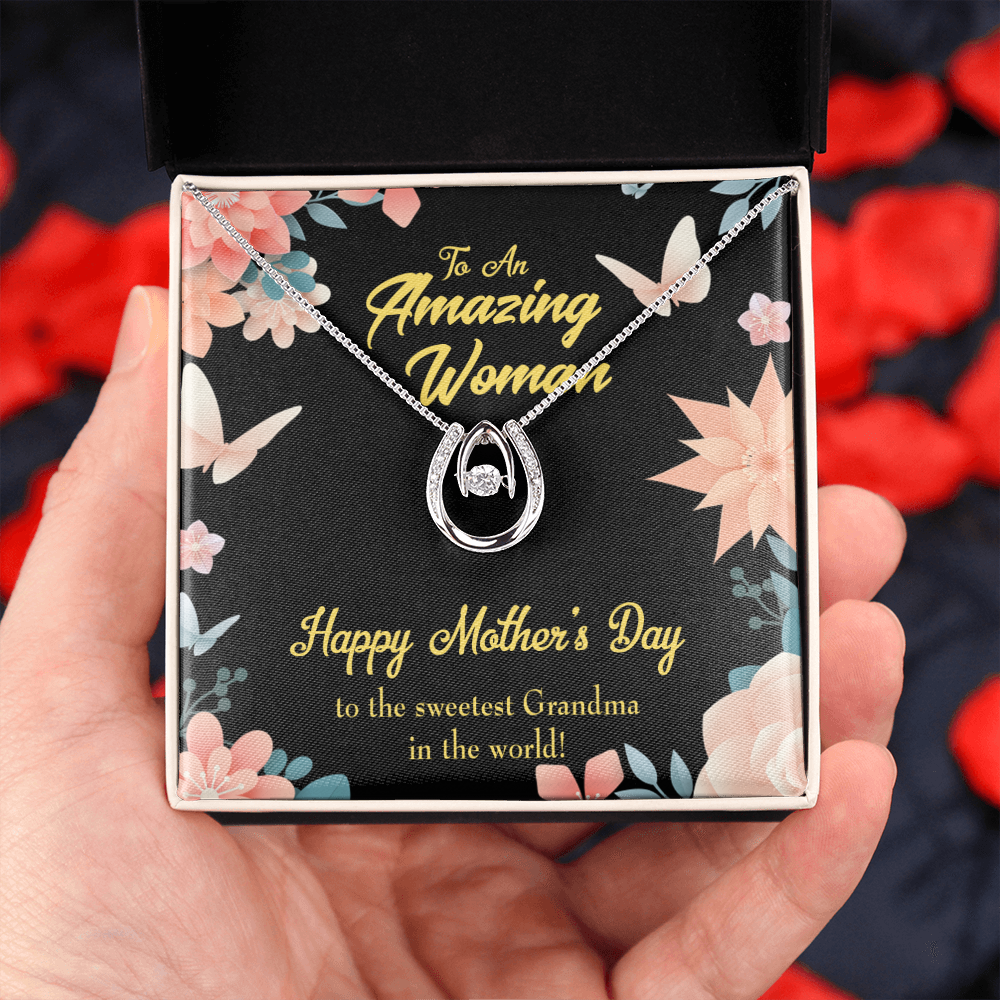 Sweetest Grandma Lucky Horseshoe Necklace Message Card 14k w CZ Crystals-Express Your Love Gifts