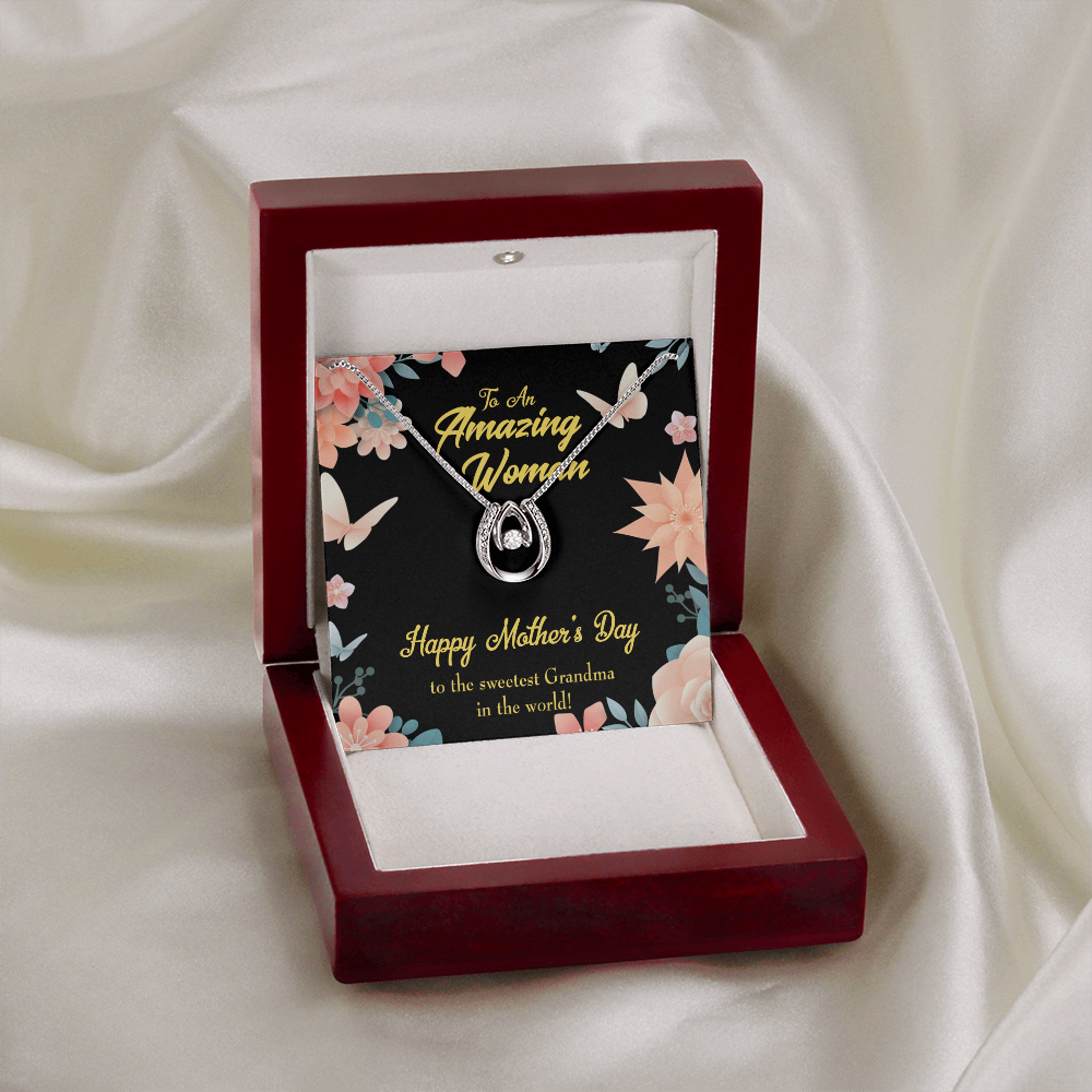 Sweetest Grandma Lucky Horseshoe Necklace Message Card 14k w CZ Crystals-Express Your Love Gifts