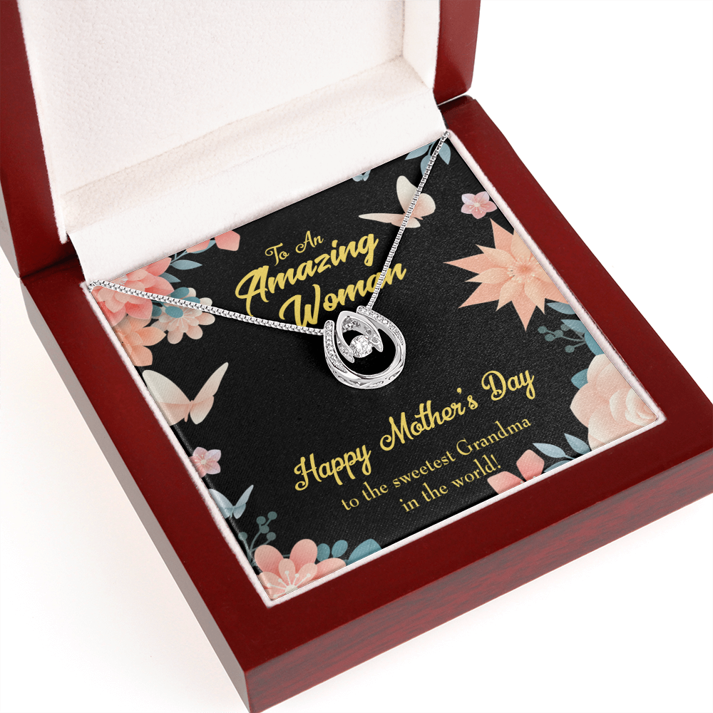 Sweetest Grandma Lucky Horseshoe Necklace Message Card 14k w CZ Crystals-Express Your Love Gifts