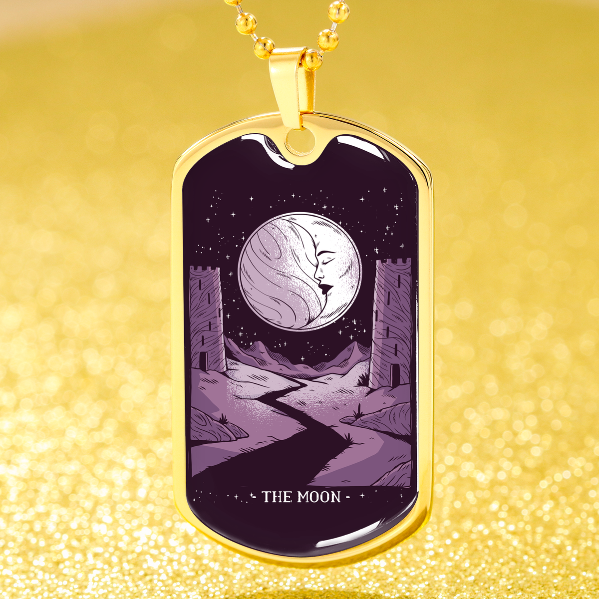 Tarot Card Necklace Moon Tarot Stainless Steel or 18k Gold Dog Tag 24"-Express Your Love Gifts