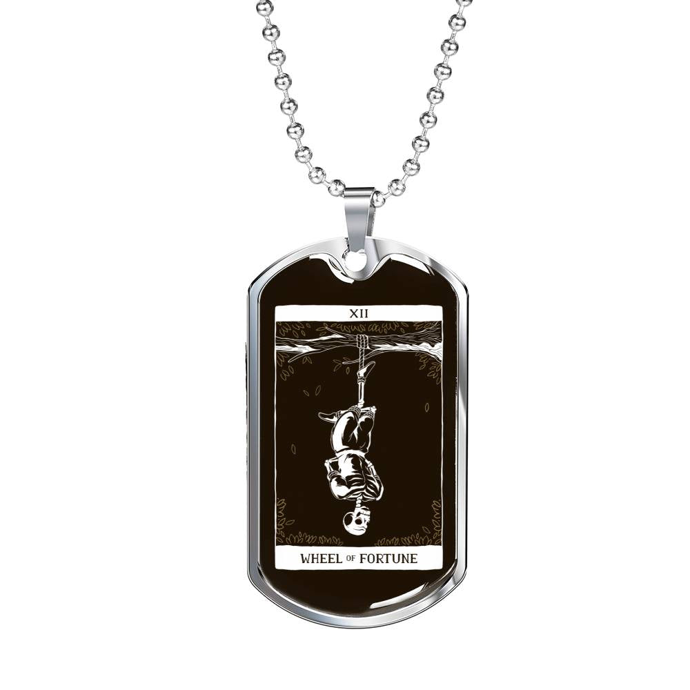 Tarot Card Necklace Skeleton Hanged Man Stainless Steel or 18k Gold Dog Tag 24"-Express Your Love Gifts