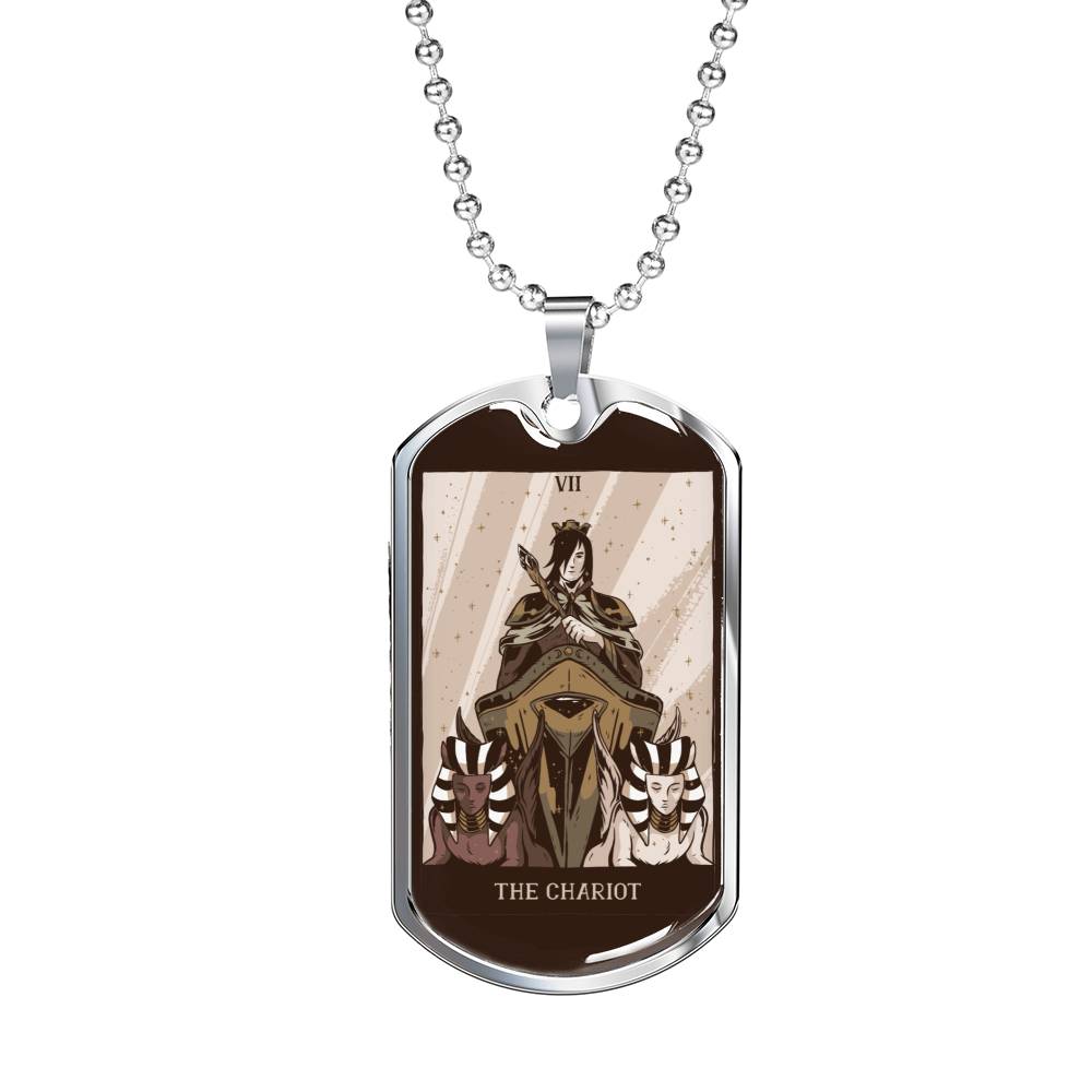 Tarot Card Necklace The Chariot Tarot Stainless Steel or 18k Gold Dog Tag 24"-Express Your Love Gifts