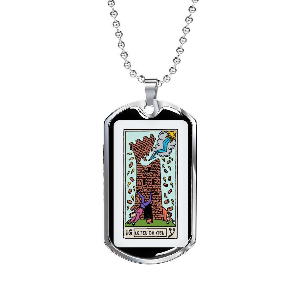 Tarot Card Necklace The Fire Of Heaven Stainless Steel or 18k Gold Dog Tag 24"-Express Your Love Gifts