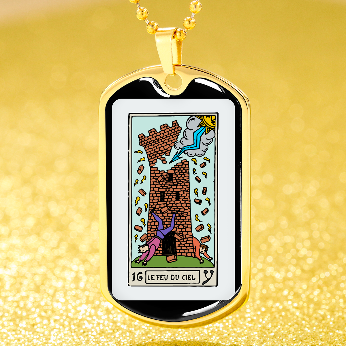 Tarot Card Necklace The Fire Of Heaven Stainless Steel or 18k Gold Dog Tag 24"-Express Your Love Gifts