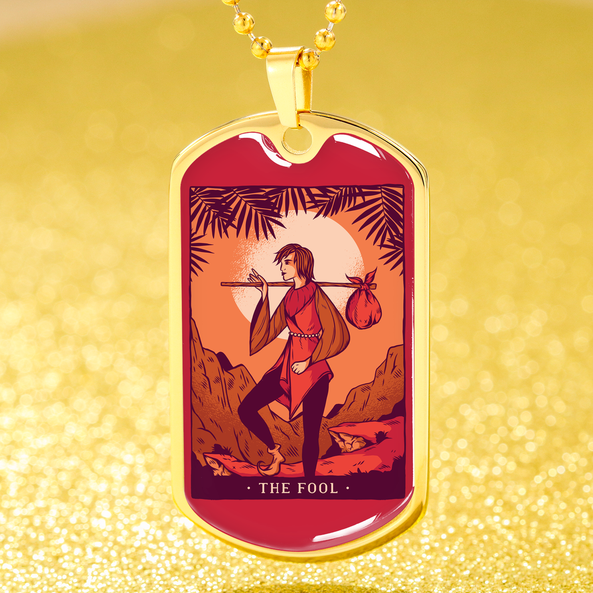 Tarot Card Necklace The Fool Stainless Steel or 18k Gold Dog Tag 24"-Express Your Love Gifts