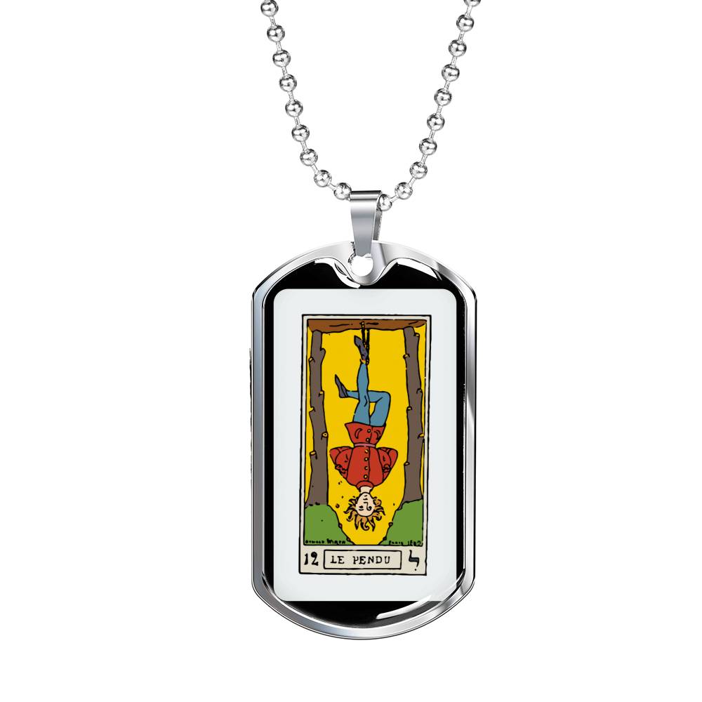 Tarot Card Necklace The Hanged Man Le Pendu Stainless Steel or 18k Gold Dog Tag 24"-Express Your Love Gifts