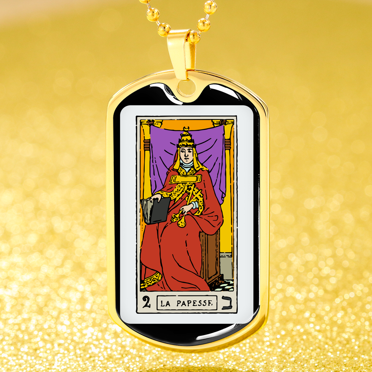 Tarot Card Necklace The High Priestess Stainless Steel or 18k Gold Dog Tag 24"-Express Your Love Gifts