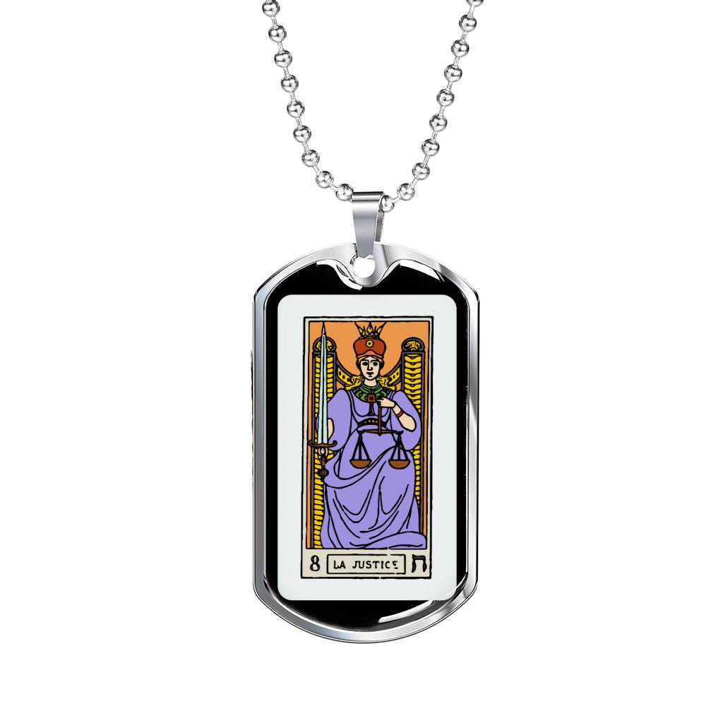 Tarot Card Necklace The Justice Stainless Steel or 18k Gold Dog Tag 24"-Express Your Love Gifts