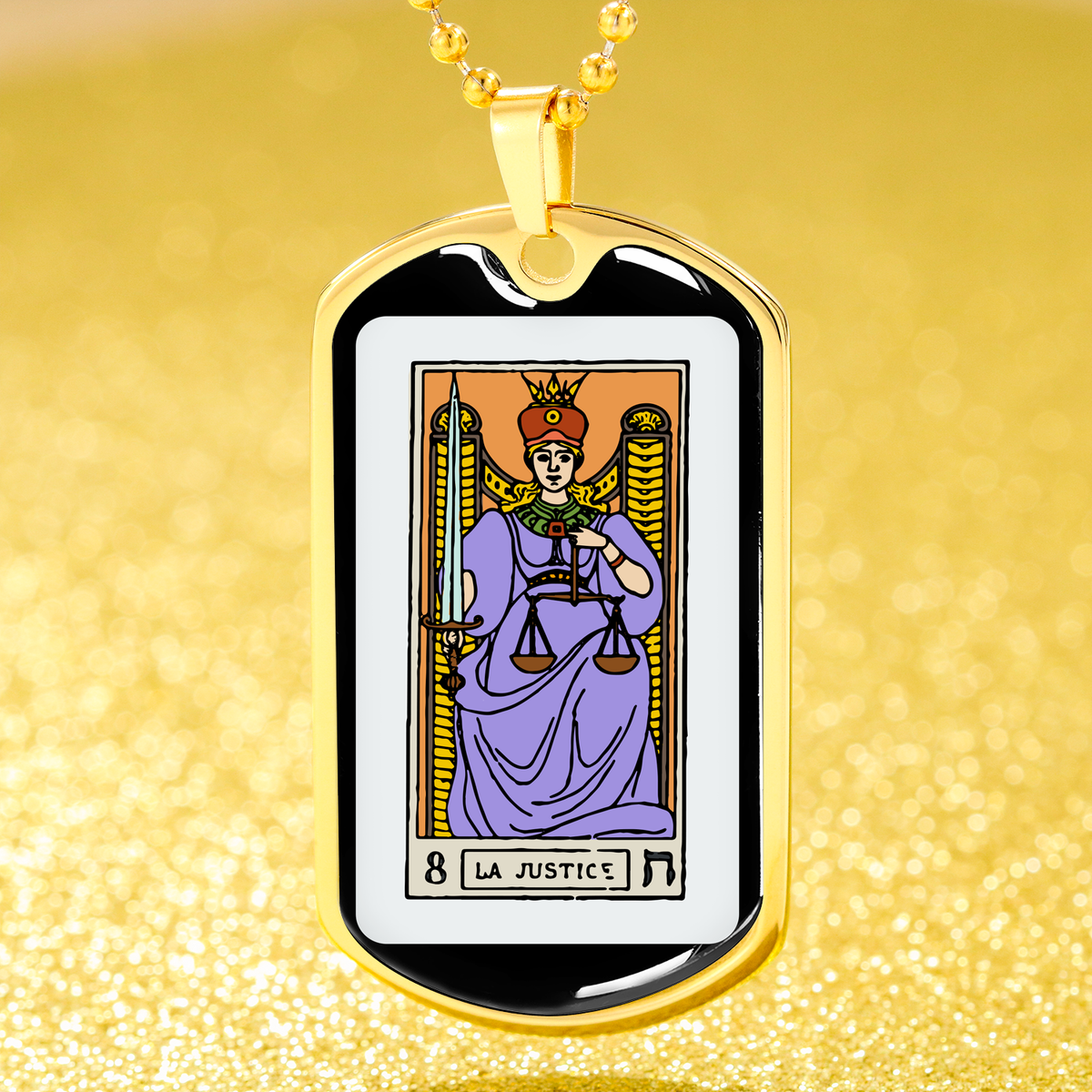 Tarot Card Necklace The Justice Stainless Steel or 18k Gold Dog Tag 24"-Express Your Love Gifts
