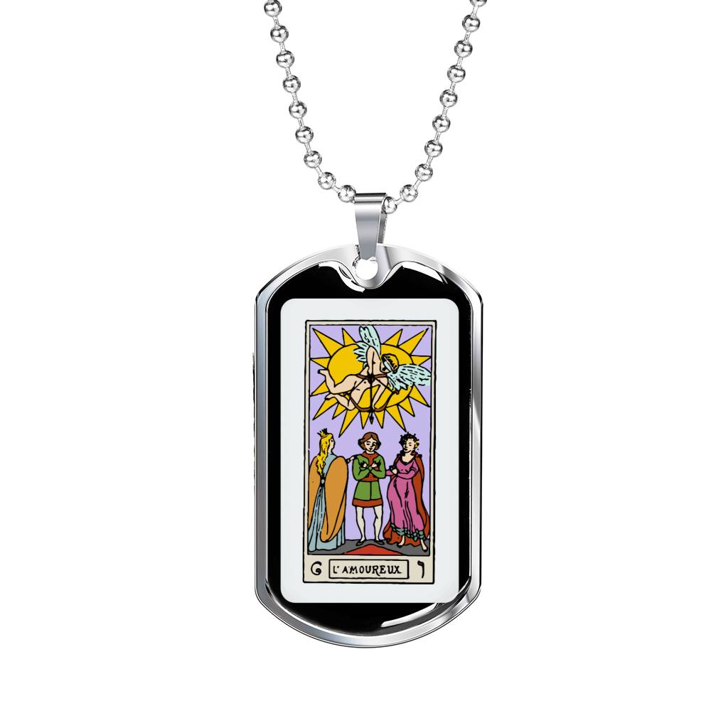 Tarot Card Necklace The Lovers L' Amoureux Stainless Steel or 18k Gold Dog Tag 24"-Express Your Love Gifts