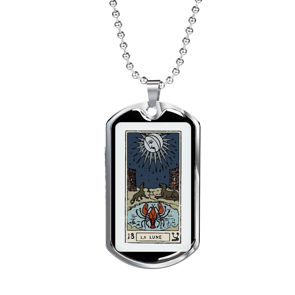 Tarot Card Necklace The Moon La Lune Stainless Steel or 18k Gold Dog Tag 24"-Express Your Love Gifts