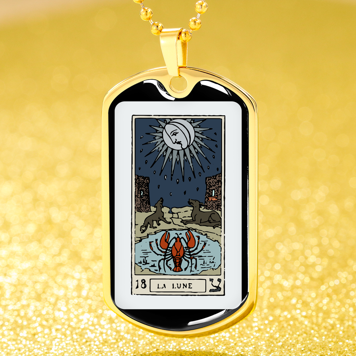 Tarot Card Necklace The Moon La Lune Stainless Steel or 18k Gold Dog Tag 24"-Express Your Love Gifts