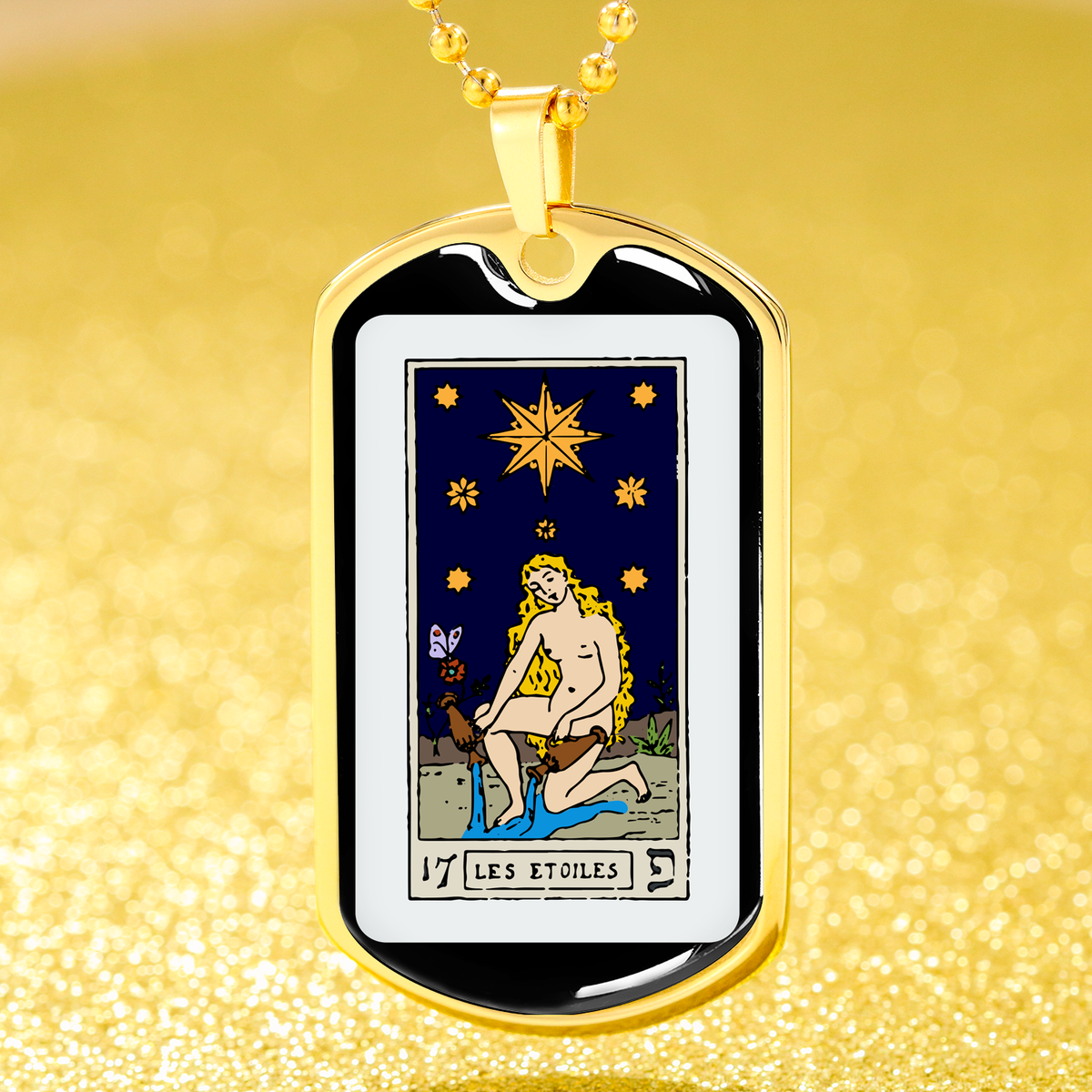 Tarot Card Necklace The Stars Stainless Steel or 18k Gold Dog Tag 24"-Express Your Love Gifts