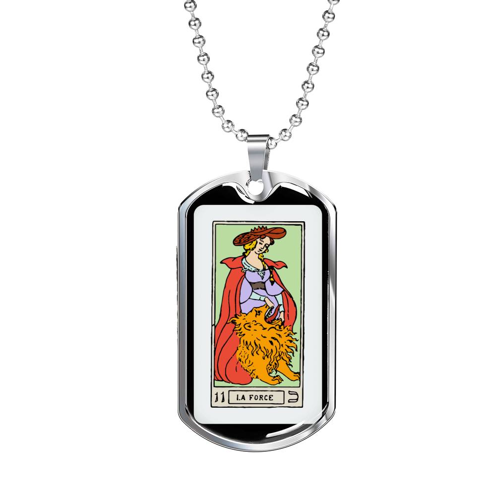 Tarot Card Necklace The Strength Stainless Steel or 18k Gold Dog Tag 24"-Express Your Love Gifts