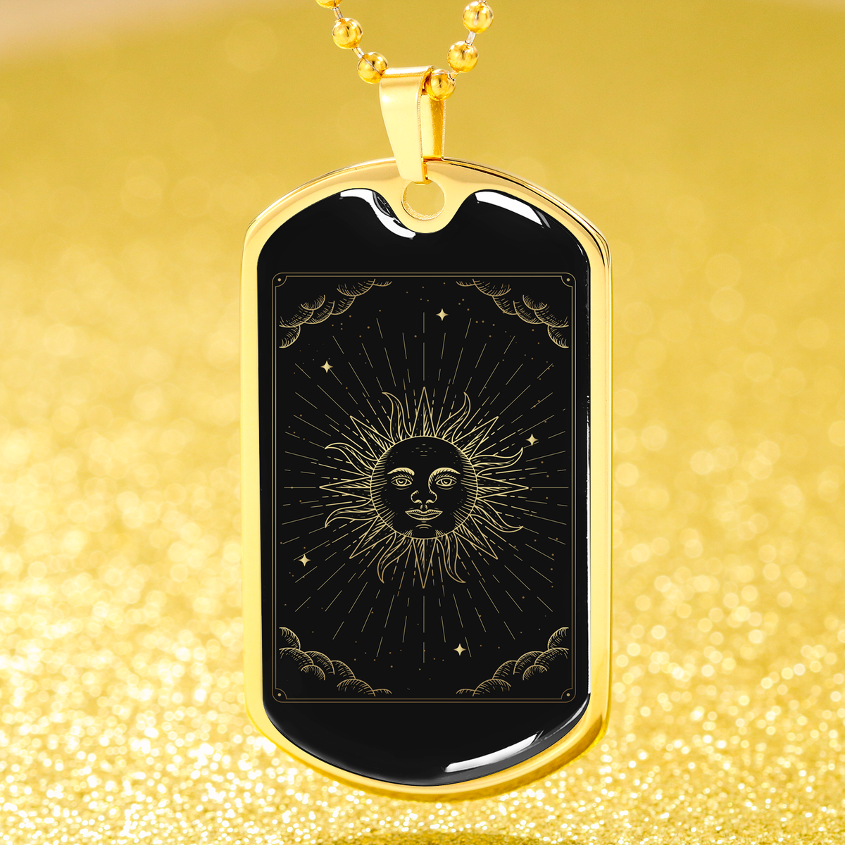 Tarot Card Necklace The Sun Black Stainless Steel or 18k Gold Dog Tag 24"-Express Your Love Gifts