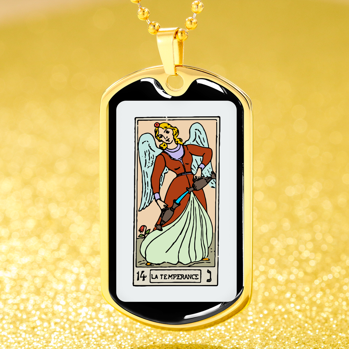 Tarot Card Necklace The Temperance Stainless Steel or 18k Gold Dog Tag 24"-Express Your Love Gifts