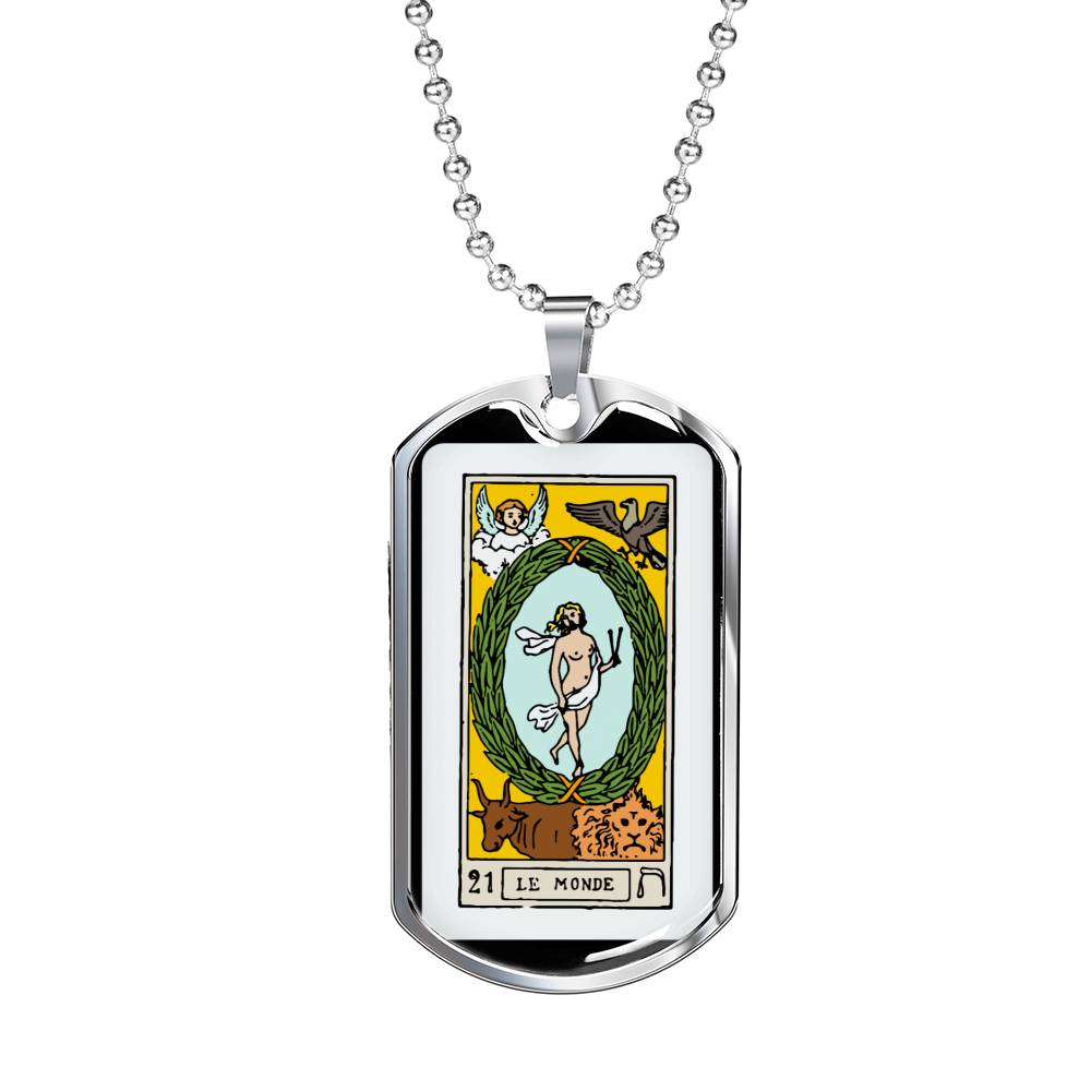 Tarot Card Necklace The World Stainless Steel or 18k Gold Dog Tag 24"-Express Your Love Gifts