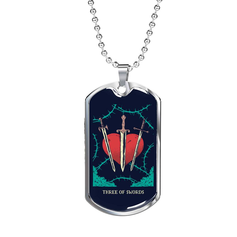 Tarot Card Necklace Three Of Swords Stainless Steel or 18k Gold Dog Tag 24"-Express Your Love Gifts