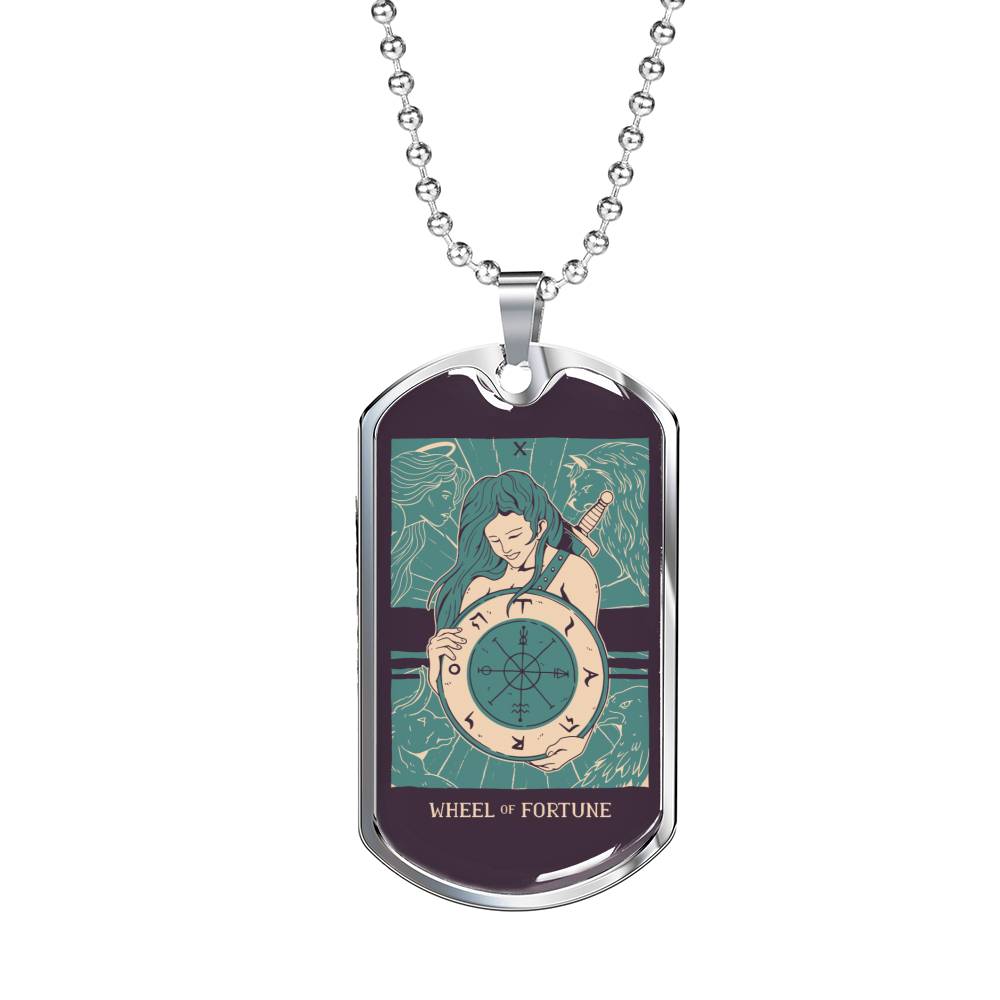 Tarot Card Necklace Wheel Of Fortune Green Stainless Steel or 18k Gold Dog Tag 24"-Express Your Love Gifts
