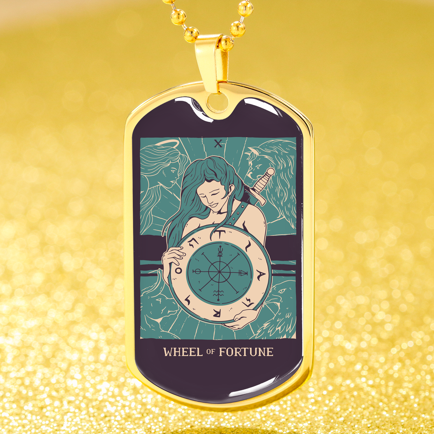 Tarot Card Necklace Wheel Of Fortune Green Stainless Steel or 18k Gold Dog Tag 24"-Express Your Love Gifts