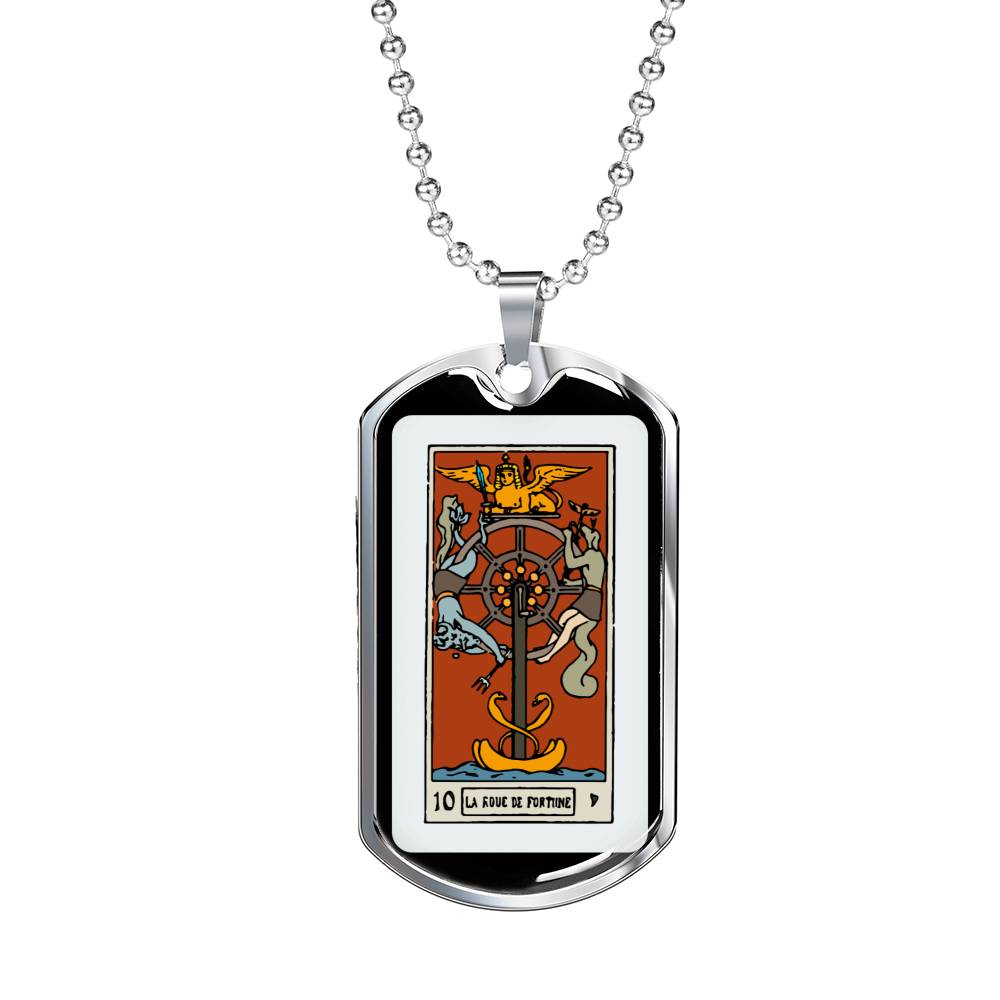 Tarot Card Necklace Wheel Of Fortune Stainless Steel or 18k Gold Dog Tag 24"-Express Your Love Gifts