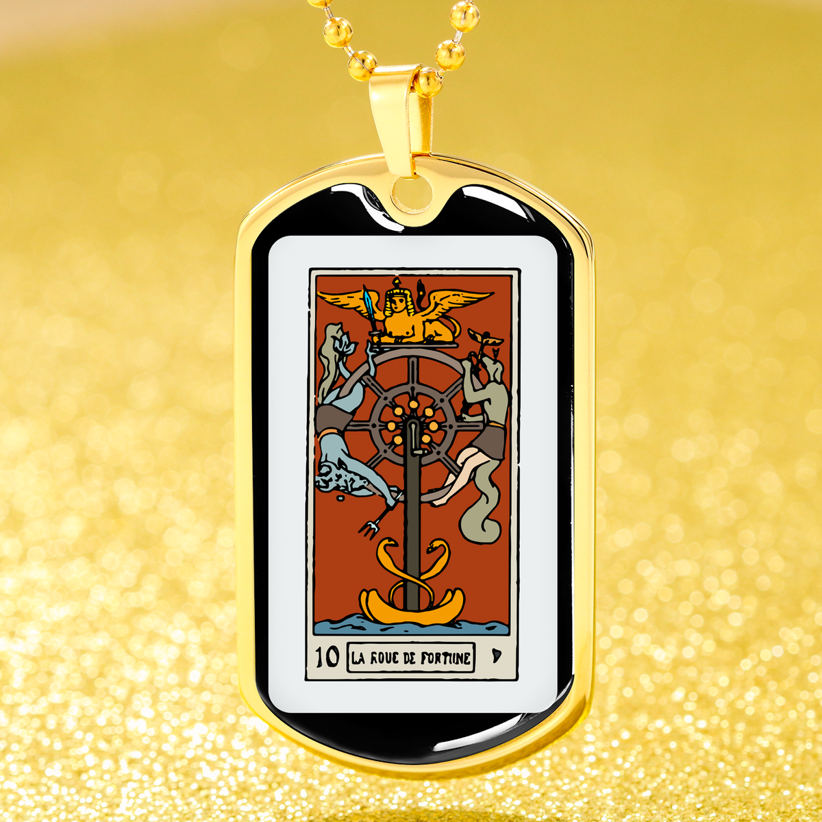 Tarot Card Necklace Wheel Of Fortune Stainless Steel or 18k Gold Dog Tag 24"-Express Your Love Gifts