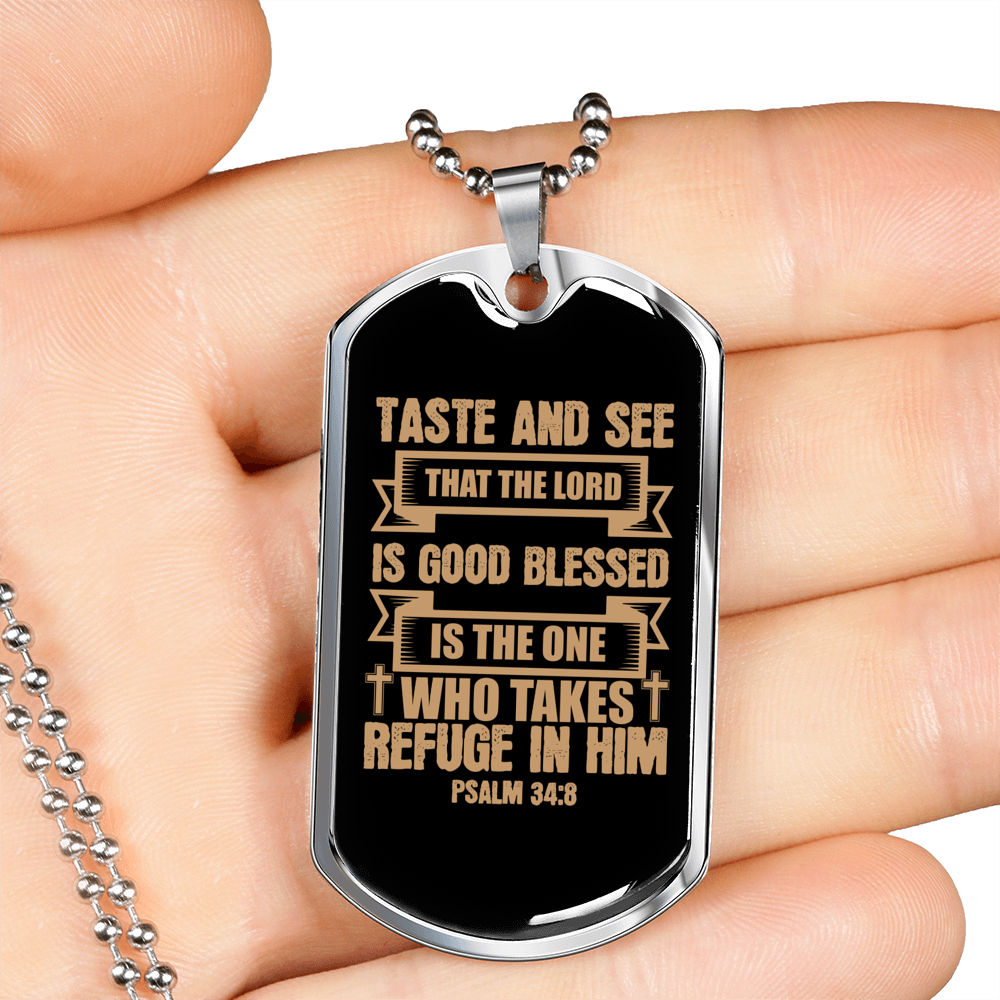 Taste And See Lord Is Good Christian Necklace Stainless Steel or 18k Gold Dog Tag 24" Chain-Express Your Love Gifts