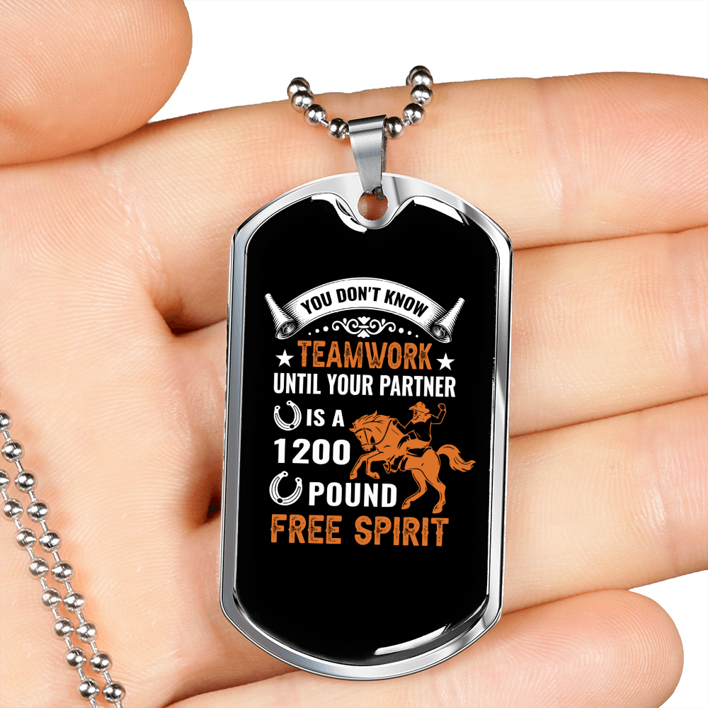 Teamwork Free Spirit Horse Necklace Stainless Steel or 18k Gold Dog Tag 24" Chain-Express Your Love Gifts