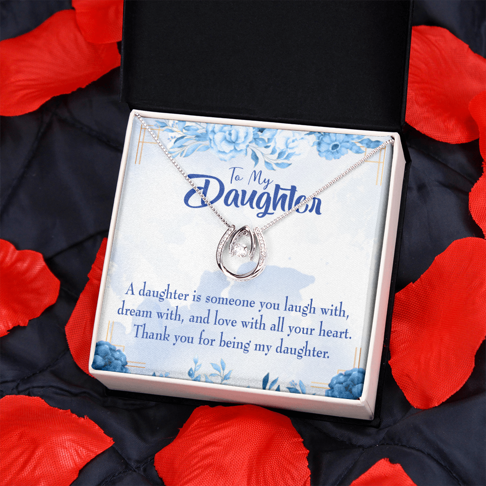 Thank You for Being my Daughter Lucky Horseshoe Necklace Message Card 14k w CZ Crystals-Express Your Love Gifts