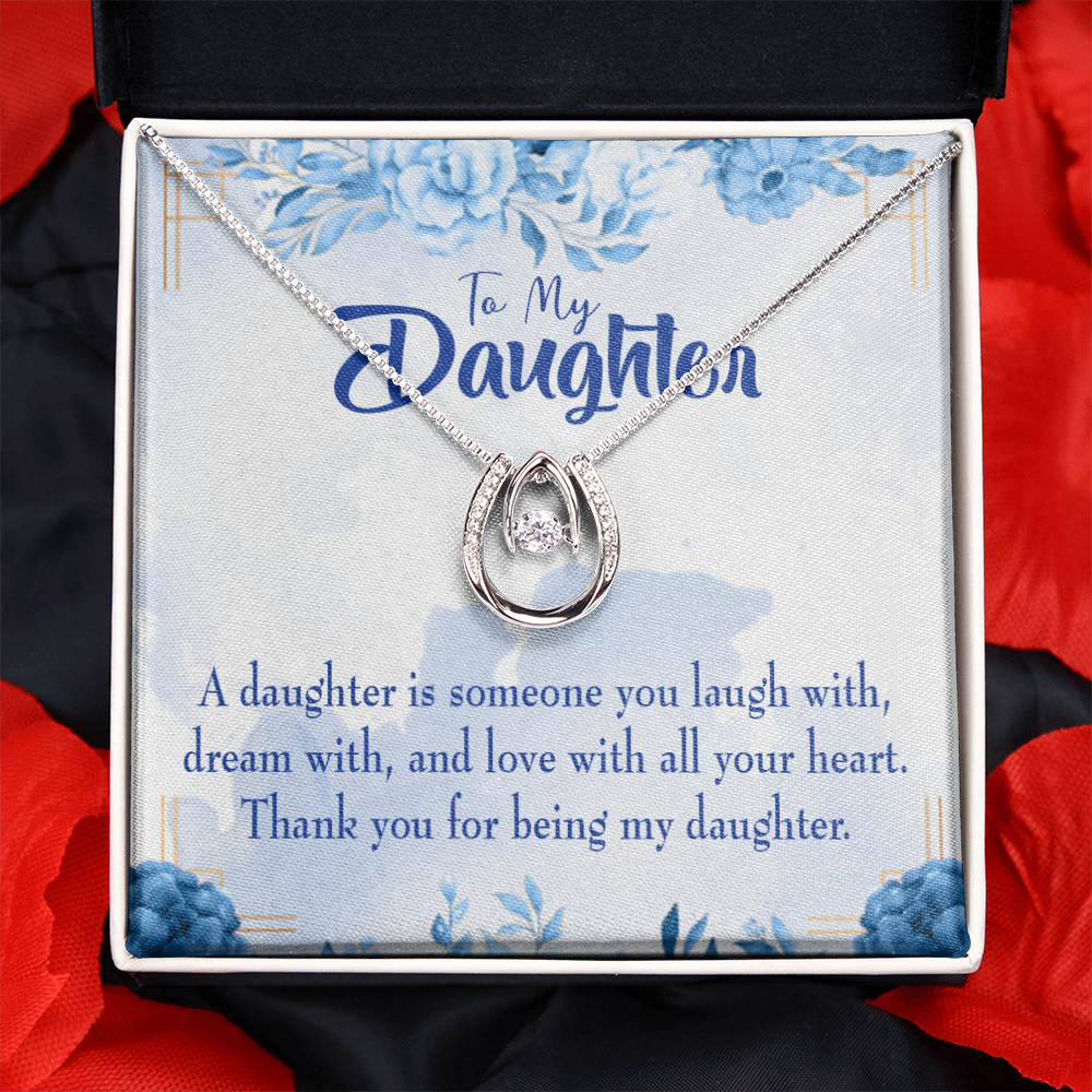 Thank You for Being my Daughter Lucky Horseshoe Necklace Message Card 14k w CZ Crystals-Express Your Love Gifts