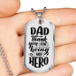 Thank You Hero Dad Necklace Stainless Steel or 18k Gold Dog Tag 24" Chain-Express Your Love Gifts