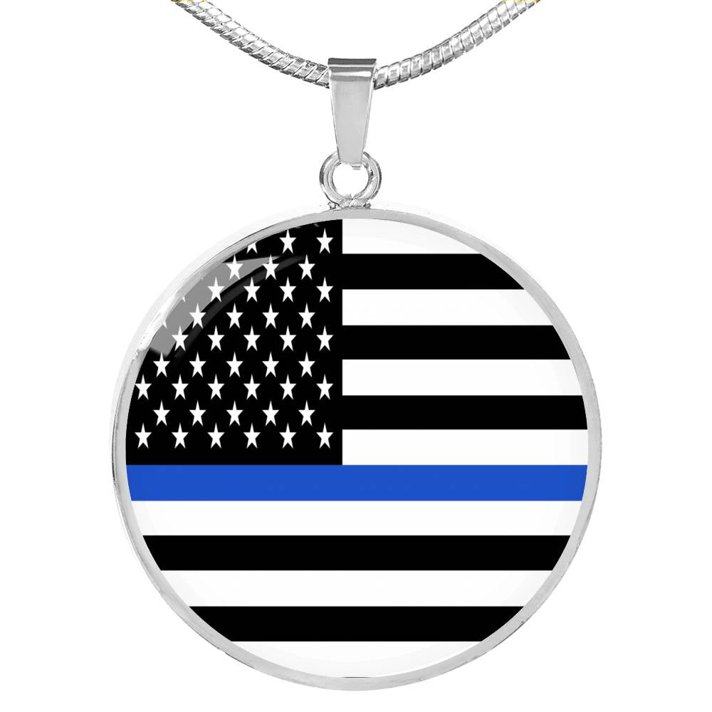 Thin Blue Line Necklace Law Enforcement Thin Blue Line Circle Pendant Stainless Steel or 18k Gold 18-22"-Express Your Love Gifts